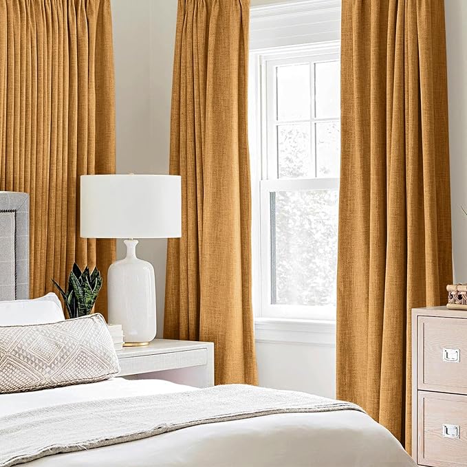 MIULEE 100% Blackout Linen Textured Curtains for Bedroom Solid Thermal Insulated Mustard Yellow Grommet Room Darkening Curtains & Drapes Luxury Decor for Living Room 52 x 45 Inch (2 Panels)
