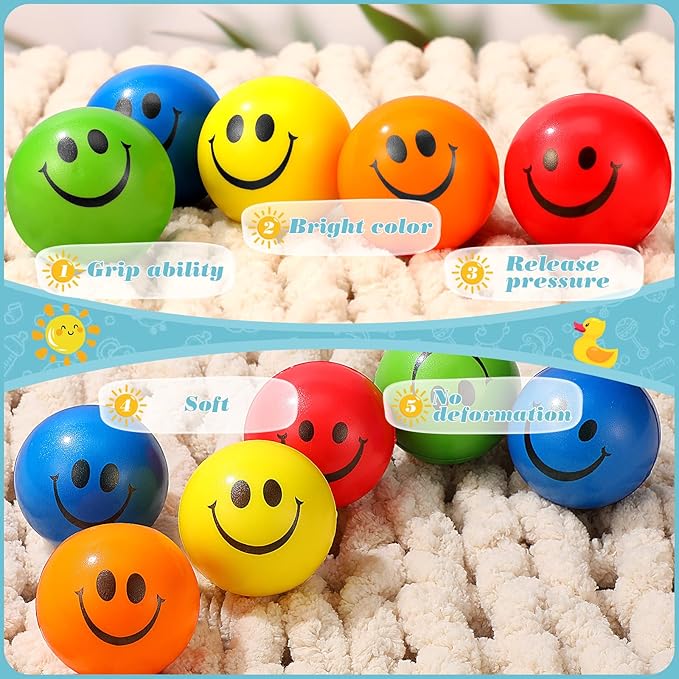 Vinsot 40 Pcs 2.5 Inch Assorted Color Smile Face Stress Balls Bulk Happy Smile Stress Relief Balls Mini Funny Foam Face Toys for Teens Adults Carnival Christmas Bag Fillers