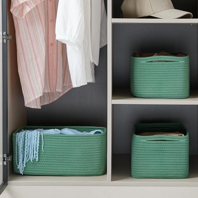 3 Pack Storage Baskets for Organizing, 13.7×9.5×6.3", Green | Woven Baskets for Shelves, Cotton Rope Basket for Gifts Empty, Closet Organizer Bins with Handles, Cube Decorative Box