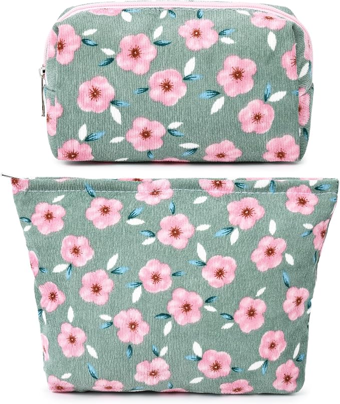SOIDRAM 2 Pieces Sakura Makeup Bag Large Cosmetic Bag Capacity Canvas Mix Travel Toiletry Bag Organizer Cute Makeup Brushes Aesthetic Accessories Storage Bag for Women, Sakura Mix Green
