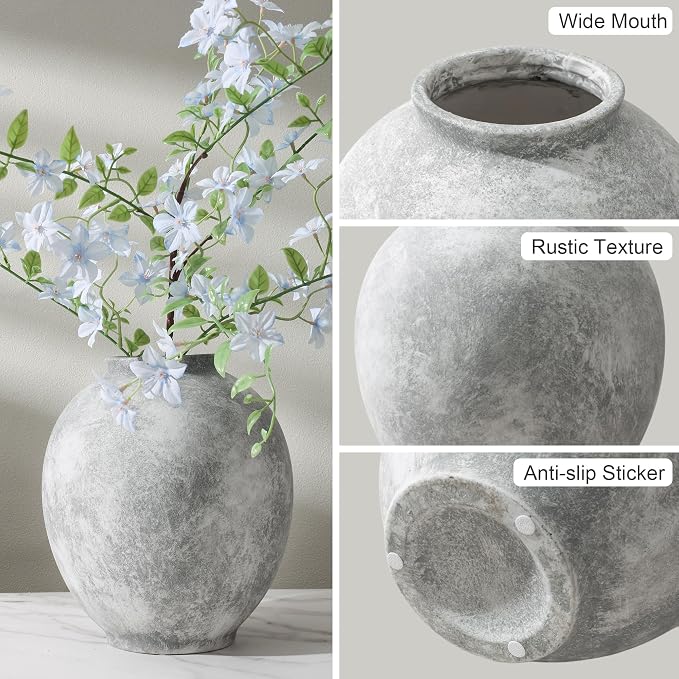 Starttag Large Ceramic Vase, 9.8 inch Rustic Farmhouse Flowers Vase for Home Decor, Sandstone Texture Round Pottery Tall Vase Indoor for Table Living Room Decor, Grey