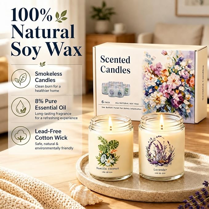 6 Pack Scented Candles Gift Set for Women - Soy Wax Jar Candles | 37.8oz Up to 300 Hours Long Lasting Burn Time, Fresh Scents - Watermelon, Vanilla Coconut, Lavender, Lemon, Mint, Ocean