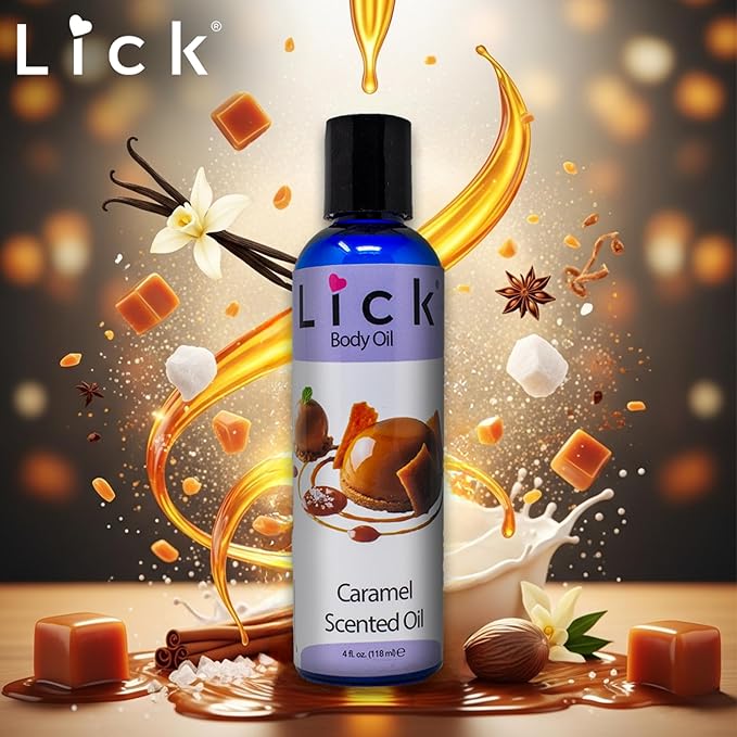 LICK Caramel Dessert-Inspired Scented Body Oil – Fast-Absorbing Daily Hydration with Almond Oil & Vitamin E – 4 oz