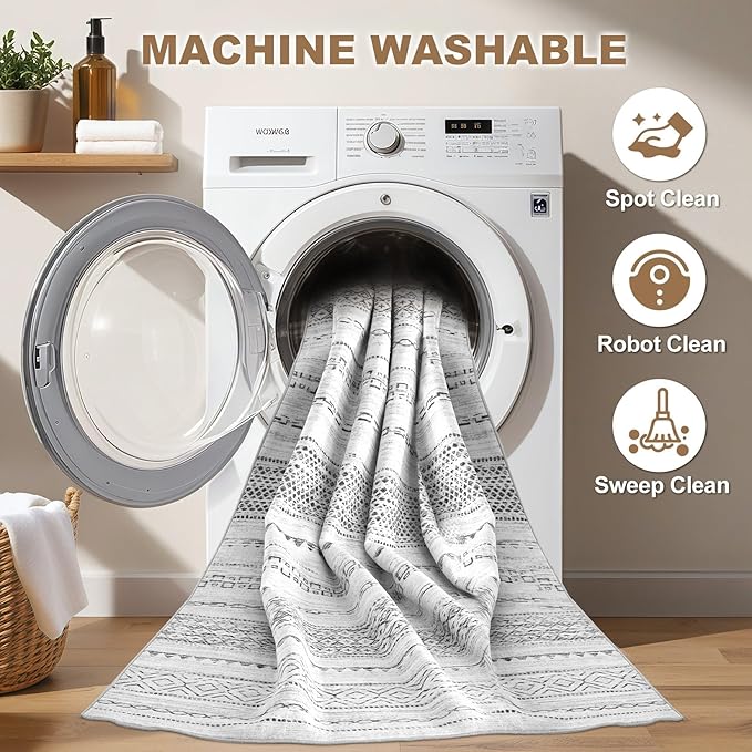 Nakagishi Boho 6x8 Area Rug Living Room Rugs Machine Washable Gray | Soft, Pet & Kid Friendly, Carpet for Living Room/Bedroom/Office/Kitchen/Nursery, Daily Home Decor Stain Resistant Moroccan