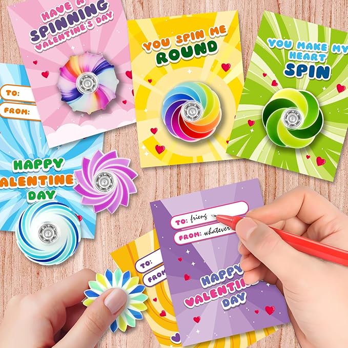SpringFlower Valentines Day Cards For Kids Classroom With Fidget Sensory Spinner Toys For Valentines Party Favors Supply, Classroom Gift Exchange For Kids Classmates Gift Cards Prizes, 24 Pack