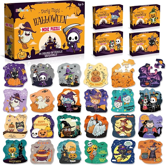 Shemira Halloween Party Favor - 24 Pack Jigsaw Puzzles, Trick or Treating Goodie Bag Filler, Miniature Novelty Toys for Kids