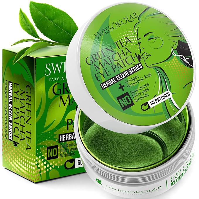 SWISSÖKOLAB Under Eye Patches For Puffy Eyes 24k Gold Eye Mask Dark Circles And Puffiness Collagen Eye Gel Pads Moisturizing & Reducing Wrinkles Anti-Aging Hyaluronic Acid (Green Tea)