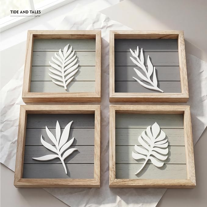 Tide and Tales 3d Framed Wall Art, Set of 4, Farmhouse Wall Decor | 7" x 7", Lightweight Wood, Bathroom Wall Decor, Botanical Leaf Pictures for Bedroom, Office or Living Room, Hardware Included