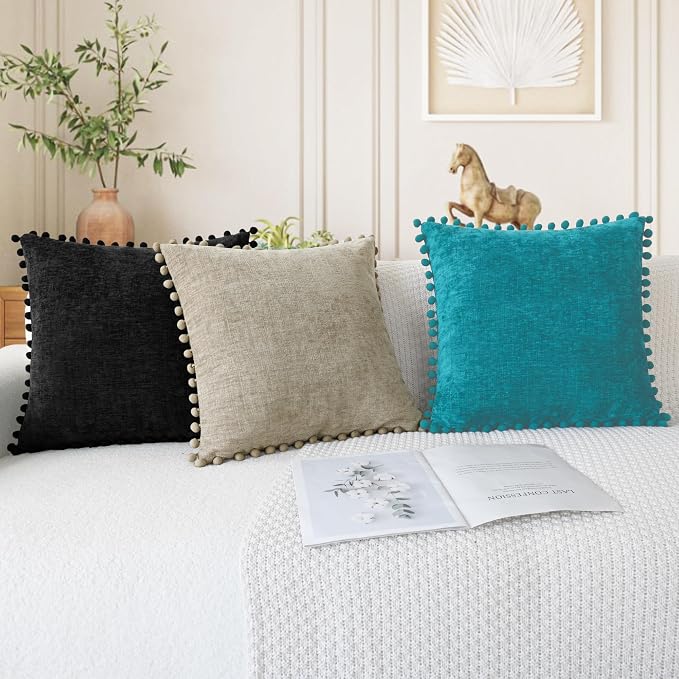 CaliTime Decorative Couch Throw Pillow Covers 18 X 18 Inches Lake Blue | Pack of 2, Cozy Chenille Cushion Cases, with Pom Poms for Sofa Bed Living Room Farmhouse Home