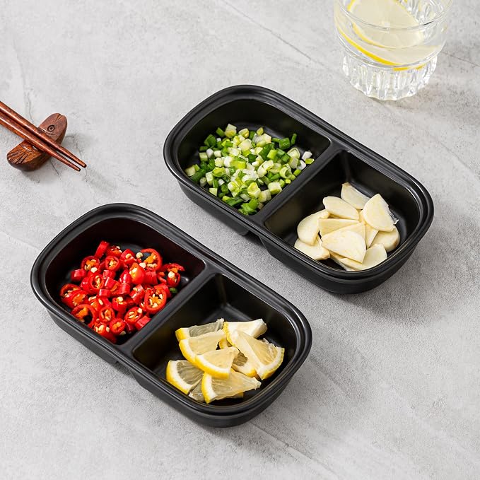 2PCS Ceramic Dishes, Ceramic Dish Stainless Steel Soy Tomato Sauce Salt Vinegar Sugar Spices Flavor Condiment Dip Bowls Korean BBQ Home Kitchen Plates (2 Grids Black)