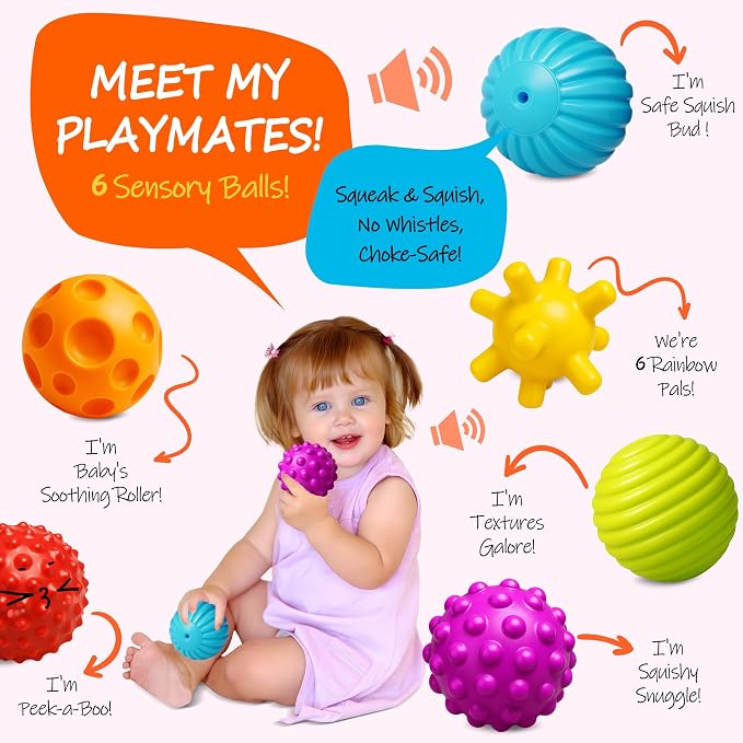 Baby Balls for Toddlers 1-3, Bath Toys for Babies 6-12 Months | 6 Pack Infant Soft Textured Balls Set, Montessori, Teething & Bath Play, Fine Motor Skills, Gift for Boys Girls