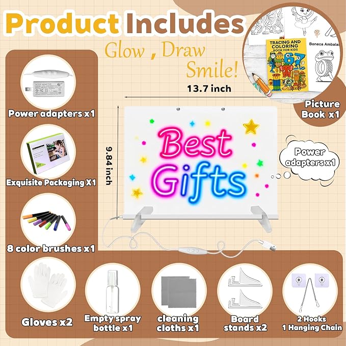 2026 LED Drawing Board for Kids Ages 6+, 1 Pack 13.7" x 9.75" Plug-in Light Up Dry Erase Board with Colors, 7 Color Modes, Stand, Markers, Spray Bottle & Italian Brainrot Tracing Booklet