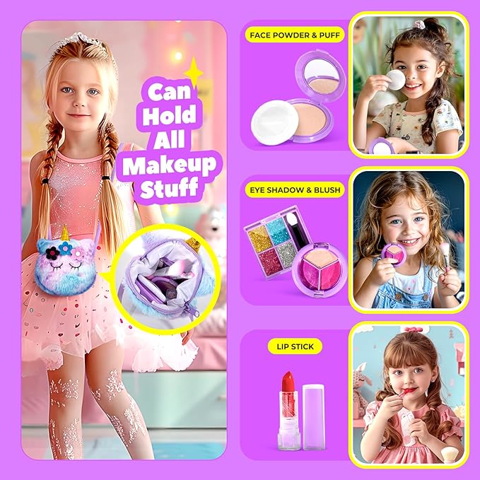 ULOVEME Kids Washable Makeup Kit for Girls 4-6 with Small Coin Purse(5.5x5.25in) - Real, Non Toxic Make Up Toy Gift- Umicorn Gift Set (Purple Coin Purse)