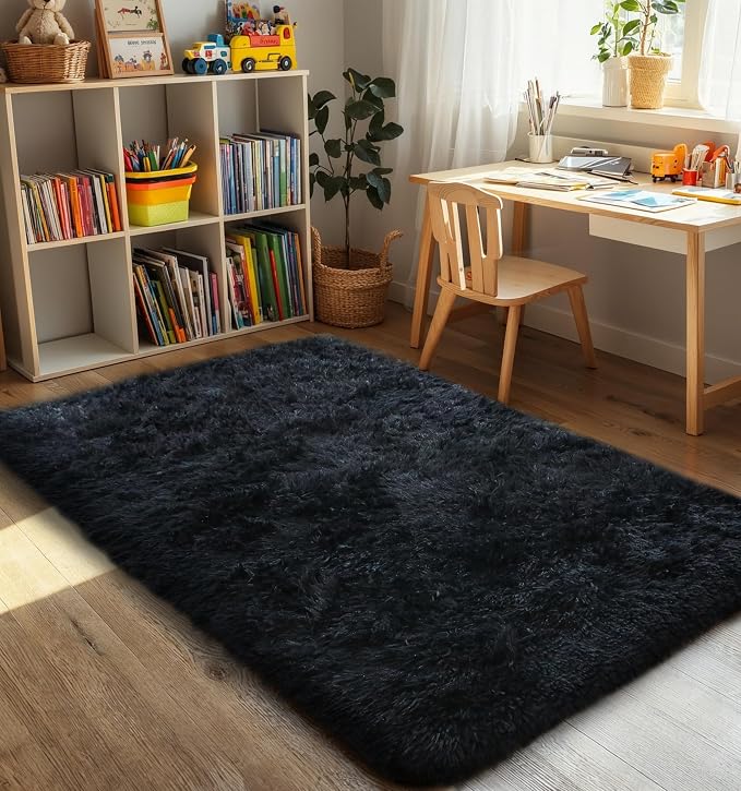 3x5 Thick Black Fluffy Shag Rug for Bedroom, Plush Washable Carpet | Area Rug for Living Room, Nursery, Dorm, Playroom, Non Slip Shaggy Floor Carpet