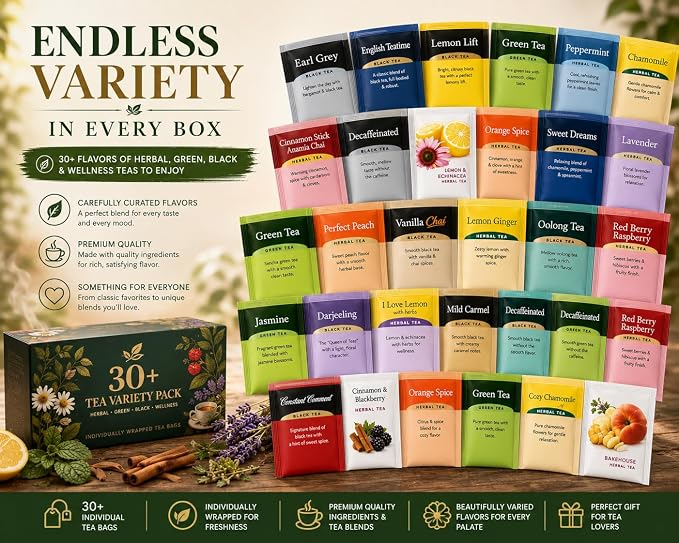 Generic Perfect Tea 48 Variety Pack Sampler Assorted Tea Bags | Black, Green, Decaf & Herbal Teas | Tea Gift Set, Office Breakroom (24)