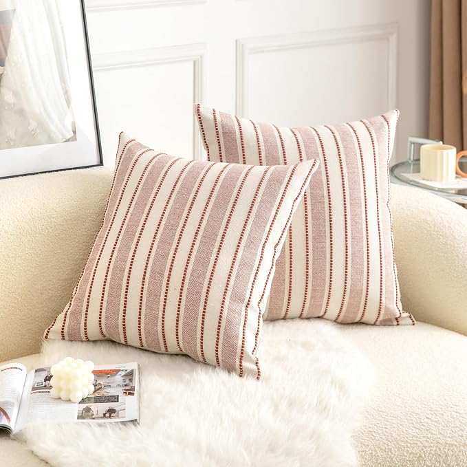 Cethom Decorative Boho Throw Pillow Covers, Farmhouse Textured Pillow Case, 20 x 20 Inch Set of 2, Chair Sofa Bedroom Living Room Home Decor Couch Cushion Case, Rust and Beige Striped