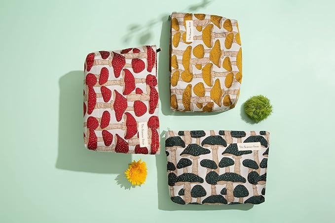 The Summer Swan | Floral Cosmetic Bag｜Large Aesthetic Travel Makeup and Personal Item Pouch For Purse | Skincare Bag (Mushroom Yellow)