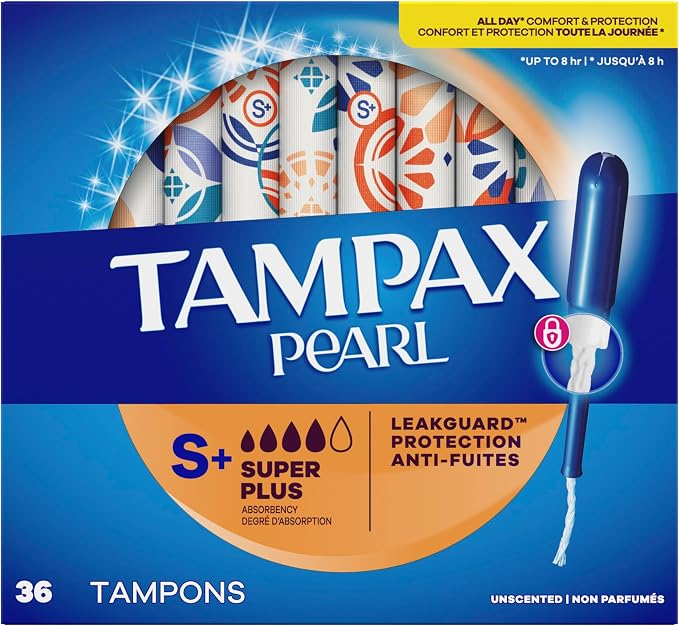 Tampax Pearl Tampons, with LeakGuard Braid, Super Plus Absorbency, Up to 100% Leak and Odor Free Protection, Unscented, 36 Count