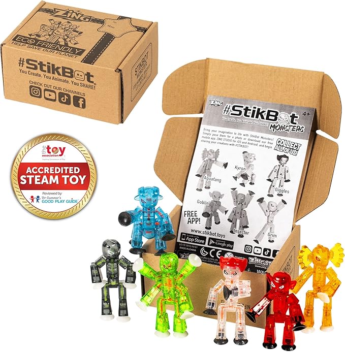 StikBot Zing Monsters, Complete Set of 6 Poseable Monster Action Figures, Includes Giggles, Goblin, Insector, Grim, Aquafang and Kyron