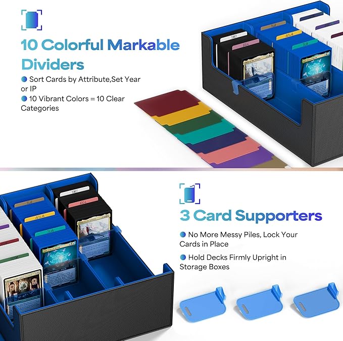 UAONO Trading Card Storage Box, Holds 1800 Sleeved Cards with 10 Dividers & 3 Stoppers, Magnetic Closure PU Leather Card Case for MTG, PTCG, YGO, Sports Cards (Black&Blue)