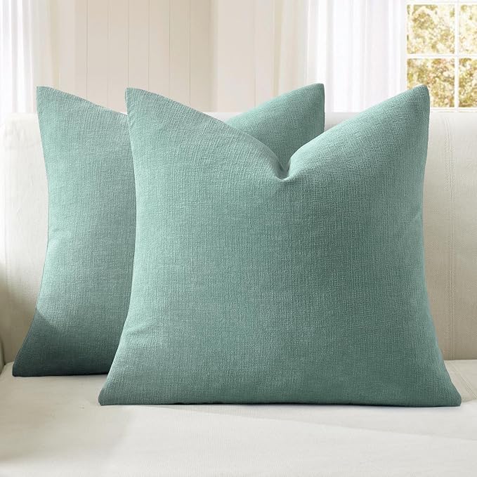 MIULEE Aqua Green Chenille Couch Throw Pillow Covers, 18x18 | Set of 2, Soft Modern Farmhouse Style, Decorative Pillowcases for Sofa Living Room Bed, Home Decor