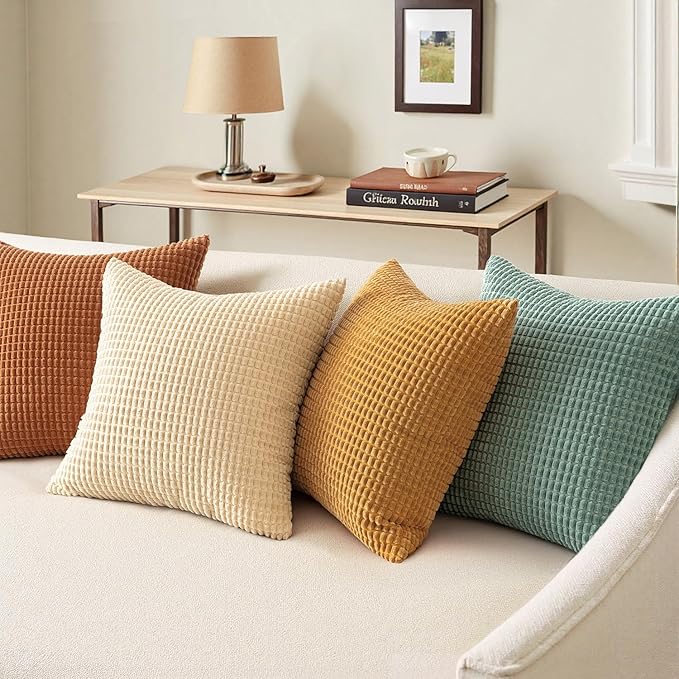 MIULEE Farmhouse Decorative Pillow Covers 18x18 Inch Set of 4 Orange/Teal | Rustic Modern Fall Home Decor, Couch Throw Pillows, Autumn Corduroy Pillowcases for Sofa Living Room Bed