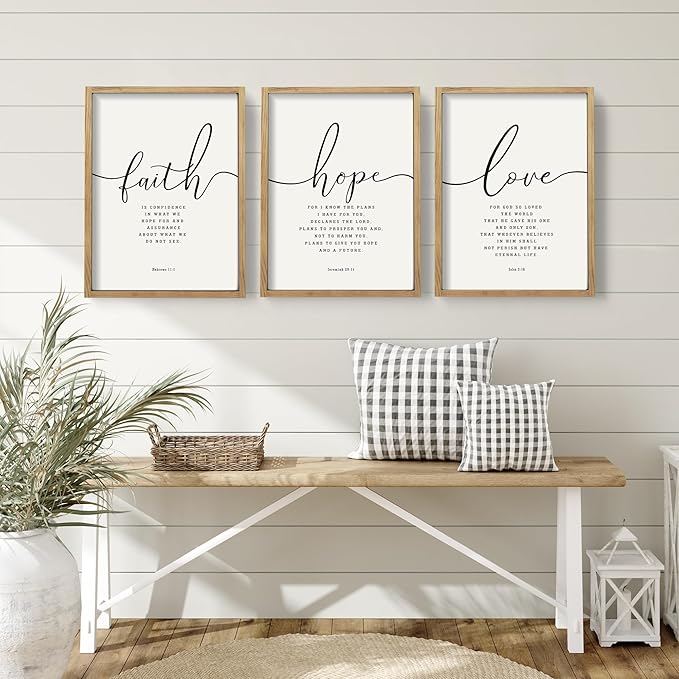 Houmury 3PCS Framed Faith Hope Love Bible Verses Wall Art Farmhouse Religious Quotes Wall Decor Inspirational Wall Art (Brown, 16"x24")