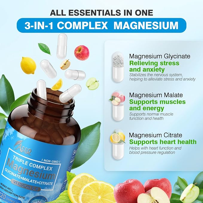 ASSR Triple Magnesium Complex - 300mg Pure Ocean Magnesium Glycinate & Magnesium Malate & Magnesium Citrate for Sleep, Energy, and Relaxation Support, High Absorption, Vegan, Non-GMO, 120 Capsules