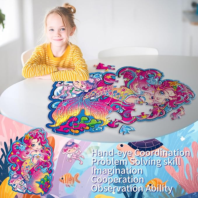 Jumbo Mermaid Floor Puzzle for Kids Ages 6-8 Year Old, Large Toddler Puzzle for Girls Ages 6 7 8 Year Old, Mermaid Girl Gift and Educational Toy for Birthday and Christmas