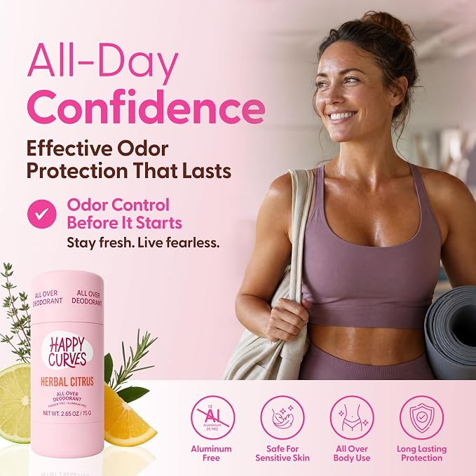 HAPPY CURVES All Over Whole Body Deodorant for Women - Aluminum-Free - Invisible All Day Layer of Full Body Protection for Long Lasting Odor Control, Sensitive Skin, & Private Parts - Herbal Citrus
