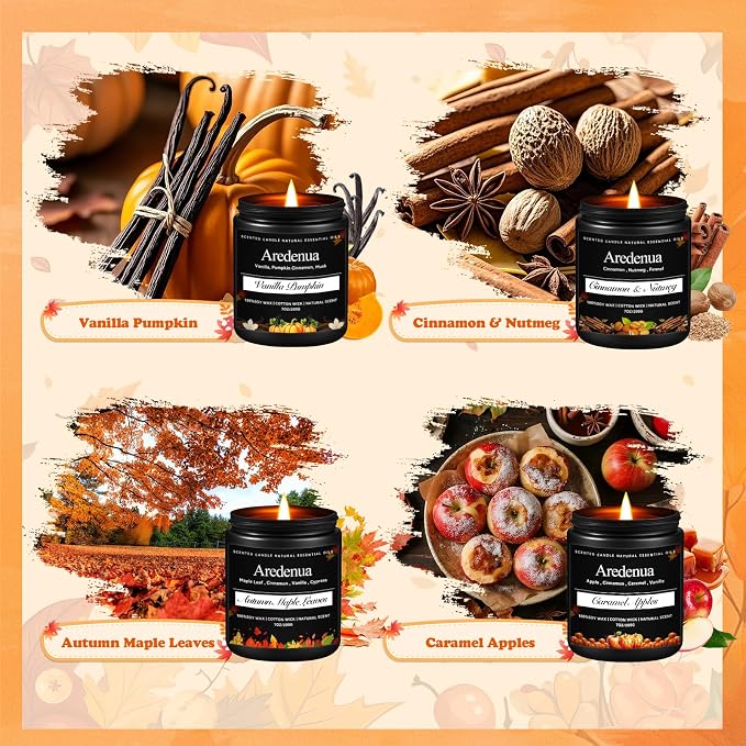 Fall Candles Set – 4 Pack Cozy Autumn Seasonal Candles Gift - Scent of Vanilla Pumpkin, Cinnamon & Nutmeg, Caramel Apples & Autumn Leaves, 28oz Soy Candles for Christmas Cozy Winter Gifting