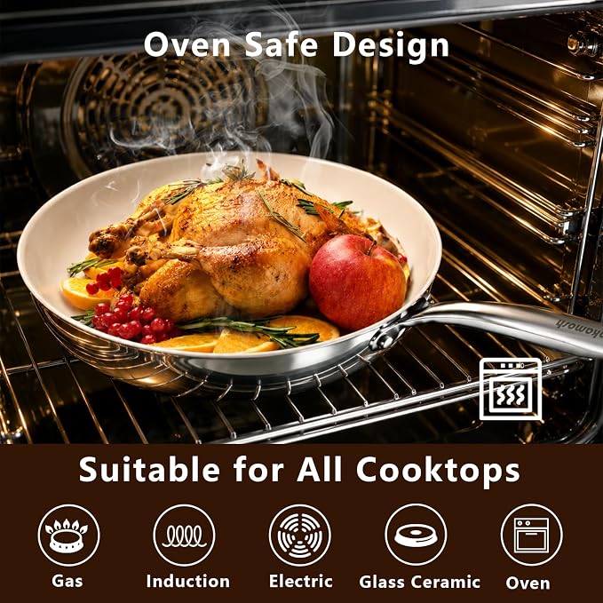 SAKAMOSH 8" Nonstick Ceramic Frying Pan, Tri-Ply Stainless Steel, White | Non Toxic, PFAS PFOA PTFE Free, Stay-Cool Handle, Dishwasher & Oven Safe, Induction Compatible
