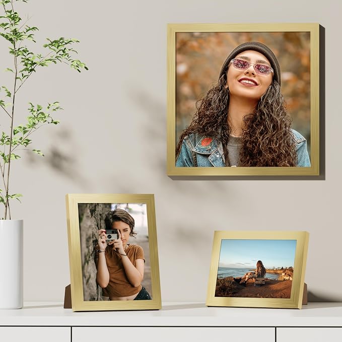 Vittanly 12x12 Picture Frames Set of 9, Shatter Resistant Plexiglass, Display 8x8 Pictures with Mat or 12x12 without Mat, Photo Frames for Wall Mount, Engineered Wood, Gold