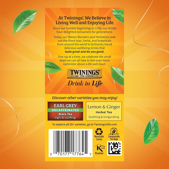 Twinings Decaffeinated Lady Grey Black Tea Individually Wrapped Bags, 20 Count (Pack of 1), Orange Peel & Lemon Peel, Enjoy Hot or Iced, 20 Teabags