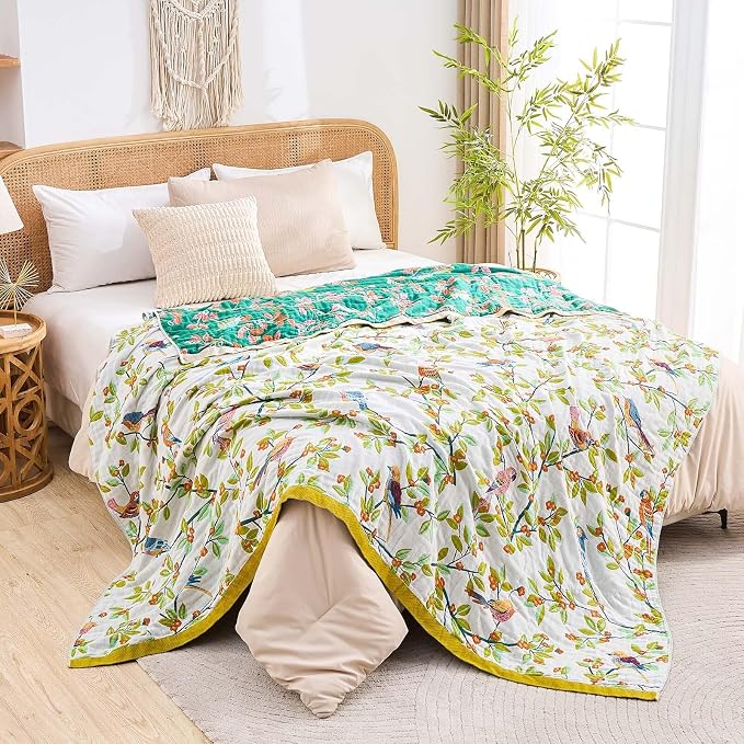 XIBLC Boho Throw Blanket for Bed, 100% Cotton Soft Rustic Quilt Fall Blanket, 80"x90" Floral Printed Farmhouse Decor Bed Blankets, All Season Rustic Reversible Bohemian Throw Quilt