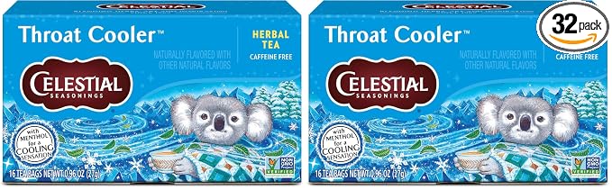 Celestial Seasonings Throat Cooler Herbal Tea, Caffeine Free, 16 Tea Bags Box (Pack of 2)