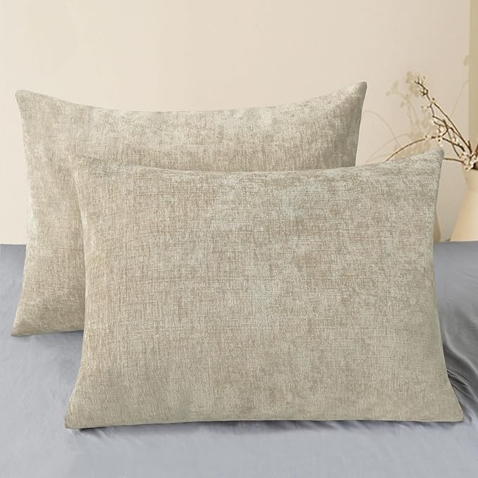 CaliTime Decorative Standard Throw Pillow Covers 26 X 20 Inches Light Taupe | Pack of 2, Cozy Chenille Cushion Cases for Sofa Bed Living Room Farmhouse Home