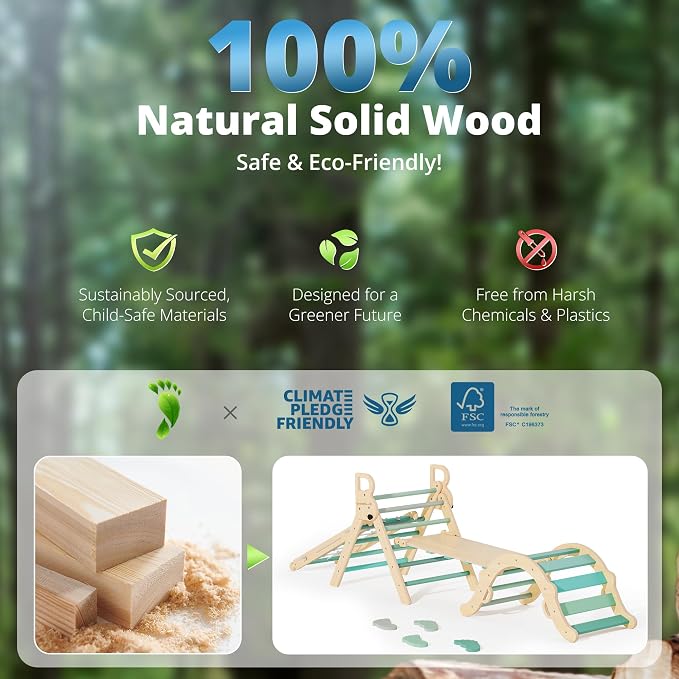 BlueWood 10-in-1 Pikler Triangle Set, Toddler Climbing Toys Indoor, Montessori Climber, Baby Jungle Gyms with Arch, Extra Rope Ladder & Footprint Balance Beam - Emerald Forest