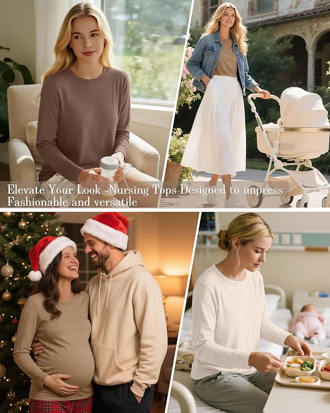 3 Pack Nursing Tops for Breastfeeding Maternity Shirts Zipper Long Sleeve Round Neck Knit Casual Nursing Clothes
