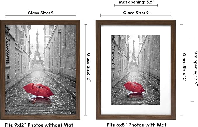 Americanflat 9x12 Picture Frame with Shatter-Resistant Glass - Use as 6x8 Frame with Mat or Display 9x12 Photo Without Mat - Signature Collection - Picture Frames for Tabletop and Wall - Walnut | Shatter-resistant glass, wall or tabletop display with i...