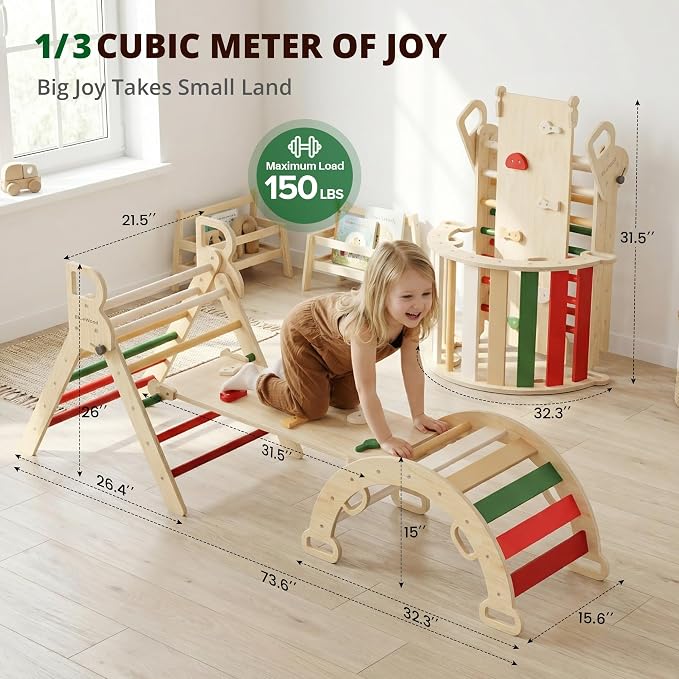 BlueWood Pikler Triangle Set, Toddler Wooden Climbing Toys Indoor 7in1 Foldable Climber for Kids, Montessori Philosophy Play Jungle Gym with Arch, Ramp, Ladder (Warm Winter Christmas)