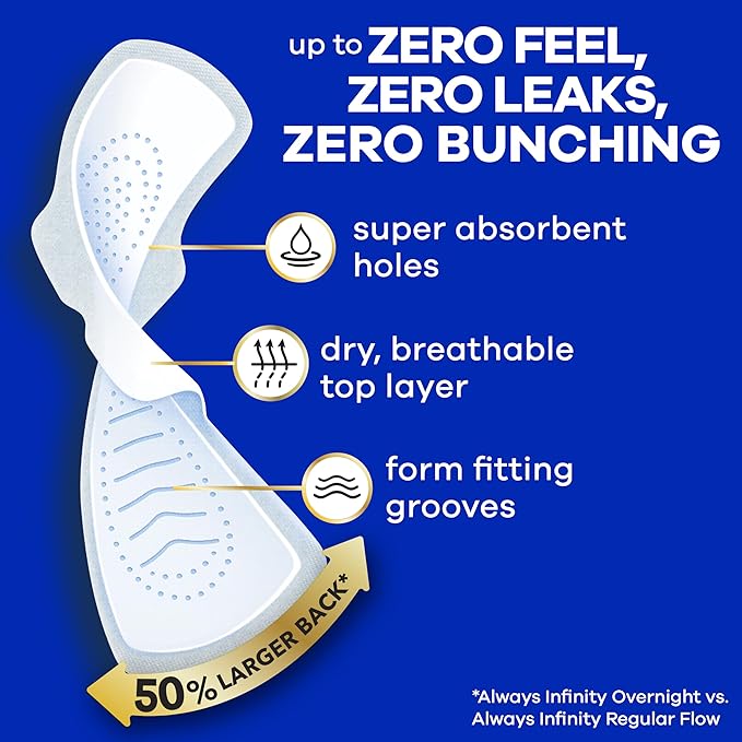 Always Infinity Feminine Pads for Women, Flexfoam Pads with Wings, Size 5, Extra Heavy Overnight Absorbency, Unscented, 30 Count