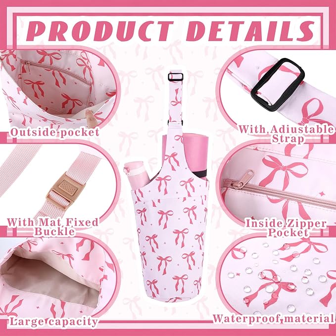 SATINIOR Pink Bow Yoga Mat Bag with Large Size Pocket & Zipper Pocket Oxford Cloth Yoga Bag Mat Carrier Holder Adjustable Shoulder Strap Women Gym Pilates Accessories for Travel Office Beach Workout