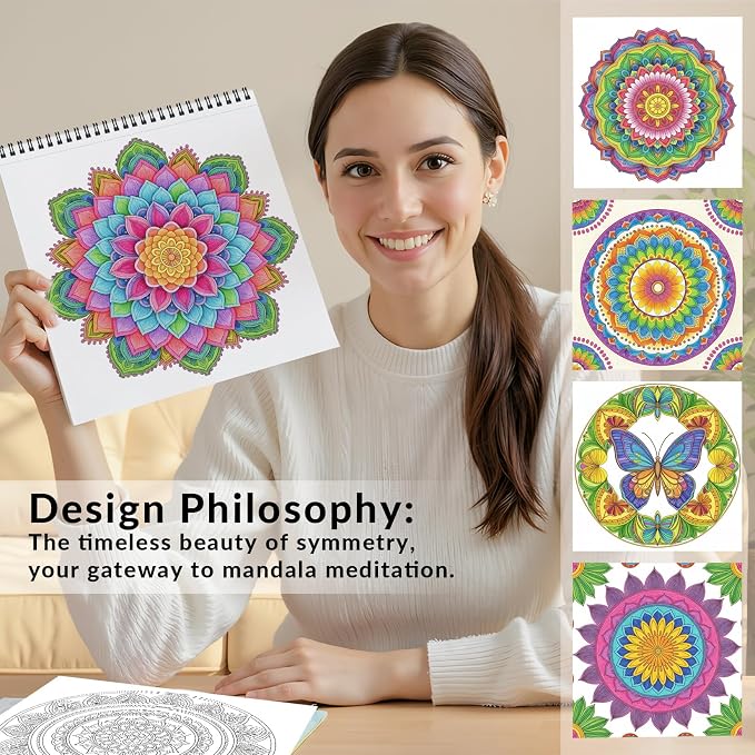 FUNLAVIE Mandala Coloring Book for Adults Relaxation and Teens Stress Relief, Spiral Coloring Book for Women, Spiral Bound Mindfulness Stress-Free Patterns for Adult, Large Print Coloring for Men