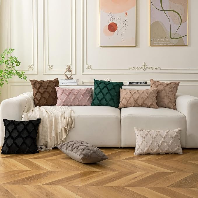 Set of 2 Soft Moroccan Throw Pillow Covers 18x18 Inch Plush Boho Decorative Pillow Cover Accent Cushion Case for Couch Sofa Bed, Dark Green