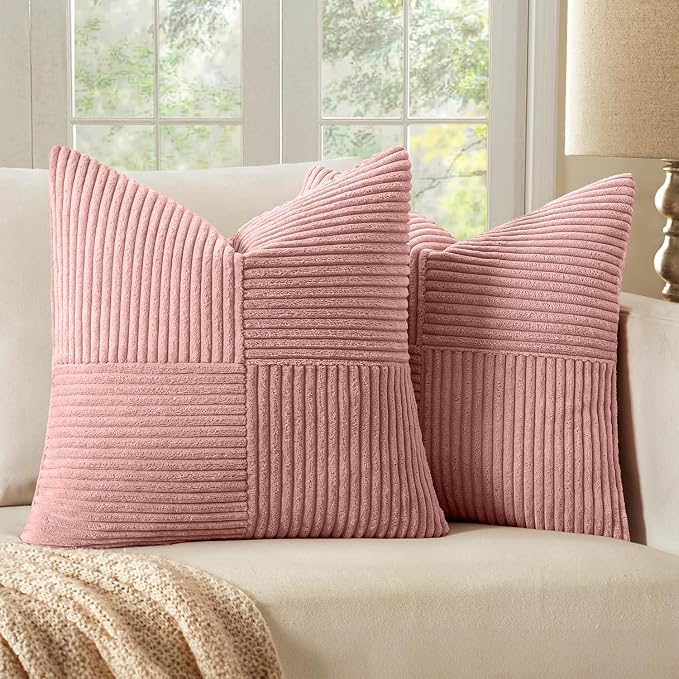 MIULEE Blush Pink Decorative Throw Pillow Covers for Couch 18x18 Inch | 2 Pack, Boho Farmhouse Pillow Covers, Soft Cross Corduroy Patchwork Textured Cushion Cases For Bed Sofa
