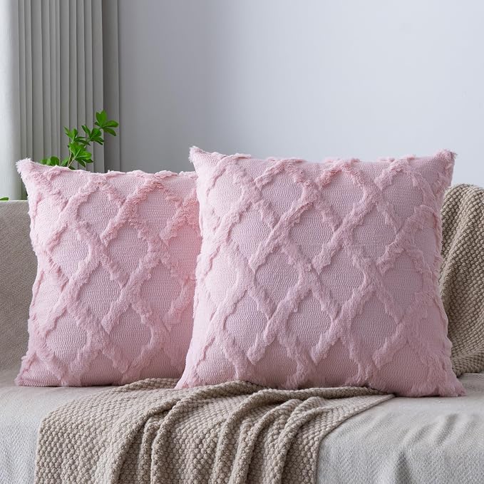 Set of 2 Soft Moroccan Throw Pillow Covers 20x20 Inch Plush Boho Decorative Pillow Cover Accent Cushion Case for Couch Sofa Bed, Light Pink