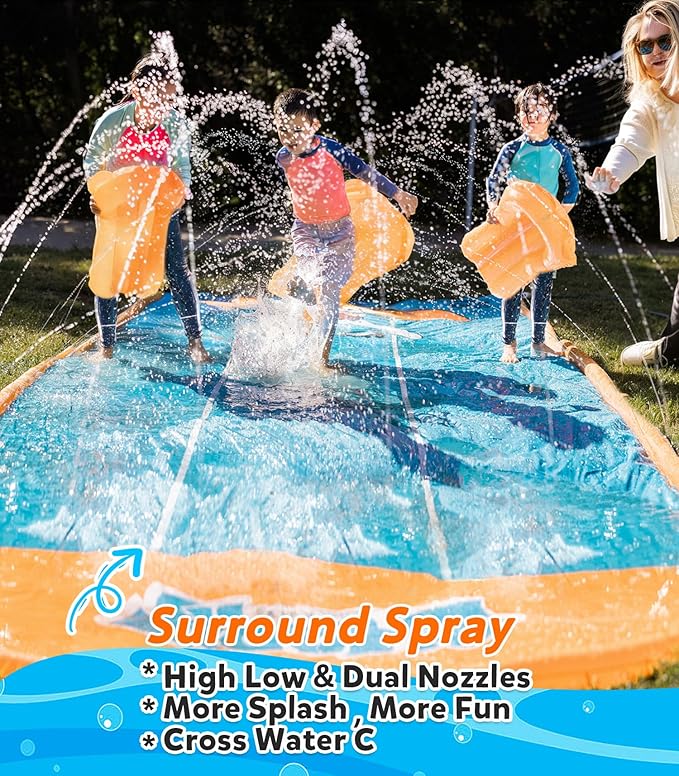 Spring Water Slip and Water Slide for Kids Backyard, 17ft*3 Racing Lanes Slip Water Slides with Sprinkler for Age 5-8 8-12, Summer Outdoor Water Toy with 3 Inflatable Bodyboards