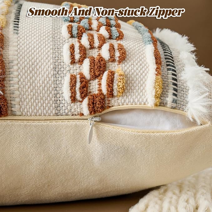 Set of 2 Chenille Striped Tufted Textured Boho Throw Pillow Covers Aesthetic with Tassels Woven Decorative Pillow Case for Couch Bed Sofa Bedroom Modern Funky 18 x 18-Inch Brown White
