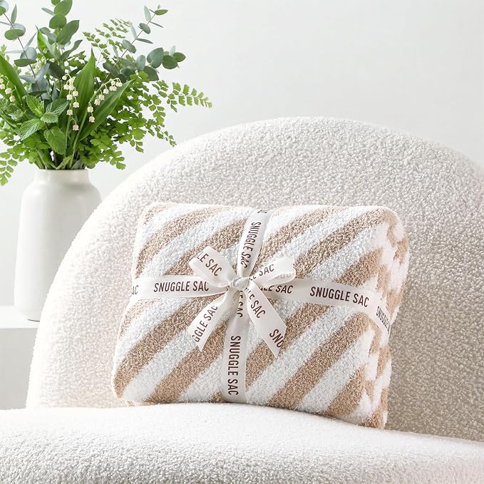 Snuggle Sac Ultra Soft Throw Blanket, Beige, 50"x60" | Reversible, Cozy Knitted, Fuzzy Knit Striped, For Couch, Sofa, Bed, Home Decor